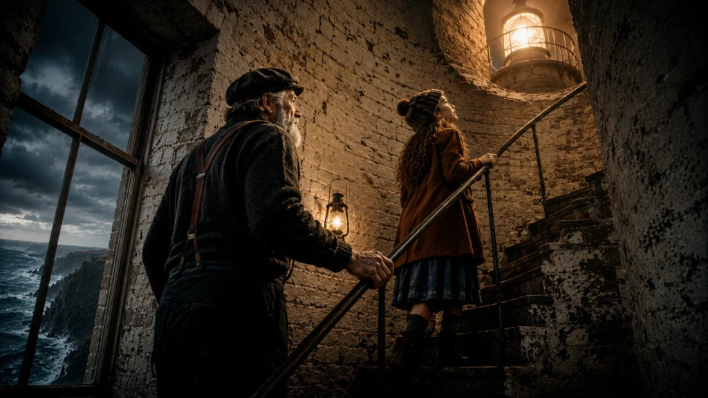 Steadfast by the Sea: A Tale of Bravery and Kindness 7 man and girl walking up stairs