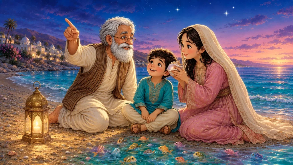 Basim's Big Adventure 4 Family enjoying a sunset by sea