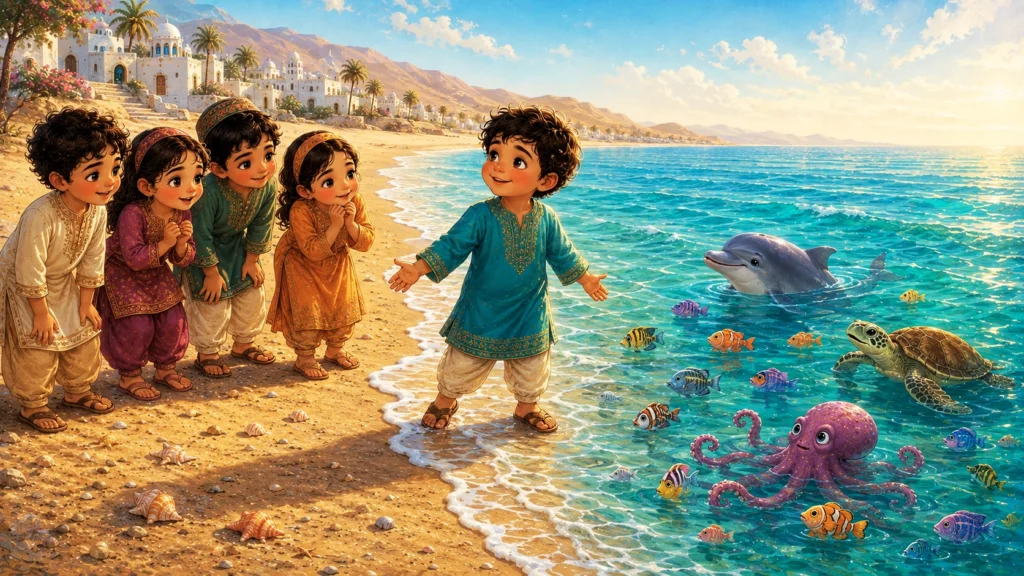 Basim's Big Adventure 5 Children enjoying a beach adventure.