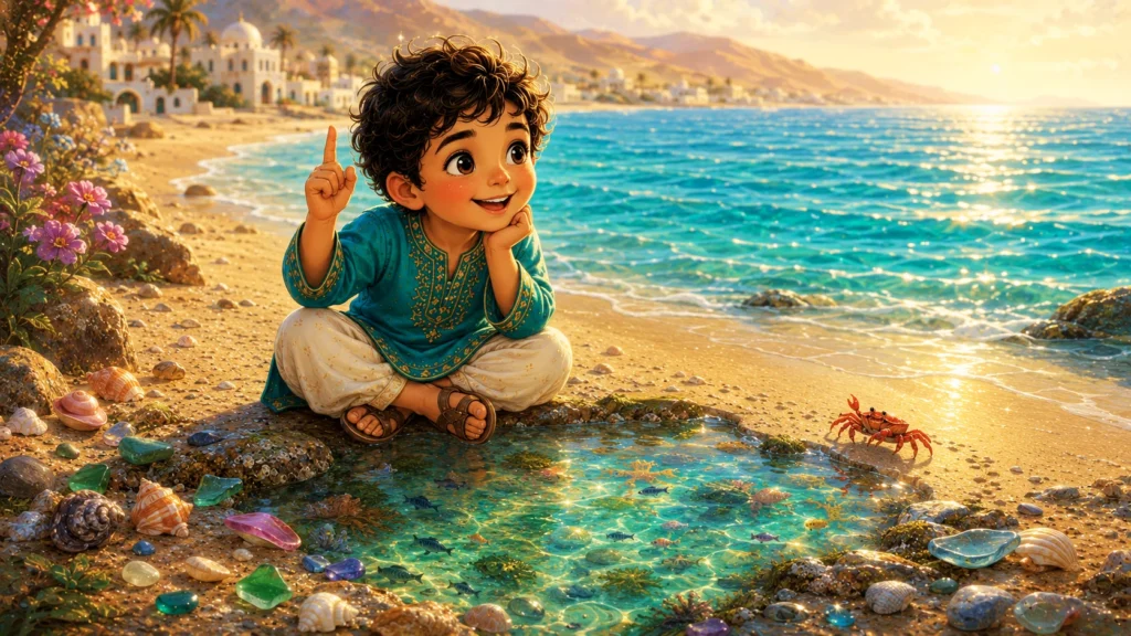 Basim's Big Adventure 6 Child by the sea, discovering treasures.