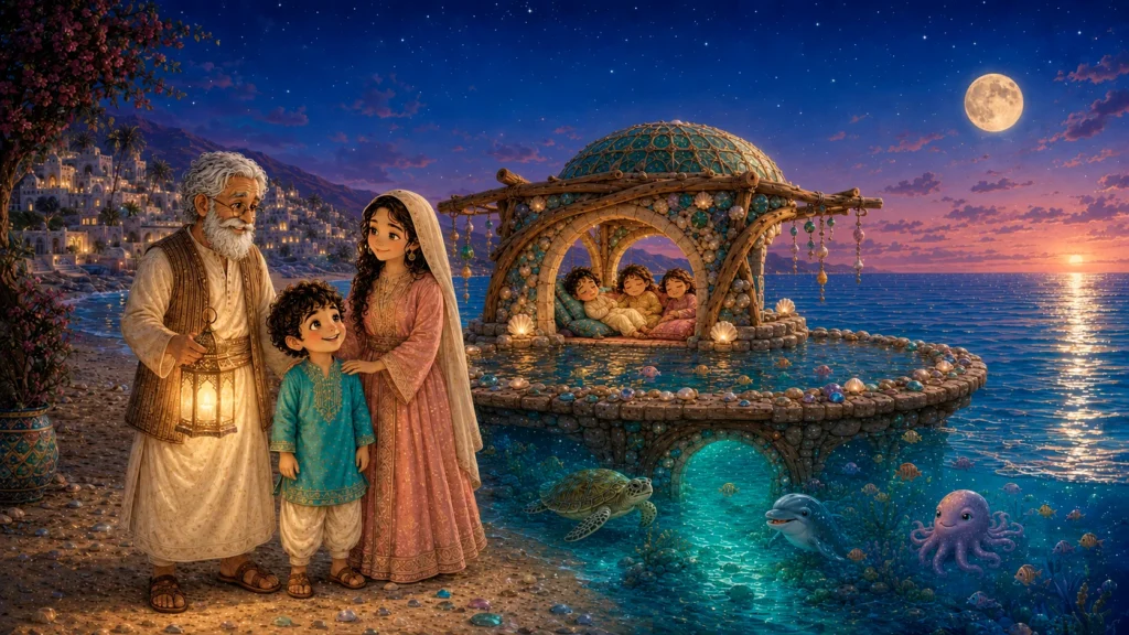 Basim's Big Adventure 10 Family by the ocean at twilight.