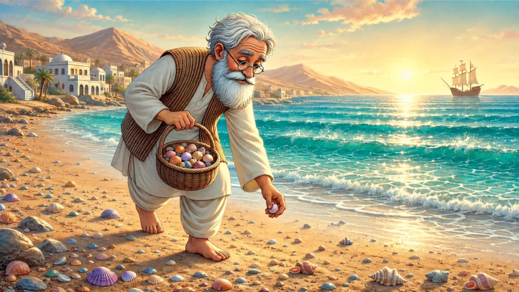 Basim's Big Adventure 1 Elderly man collecting shells on beach